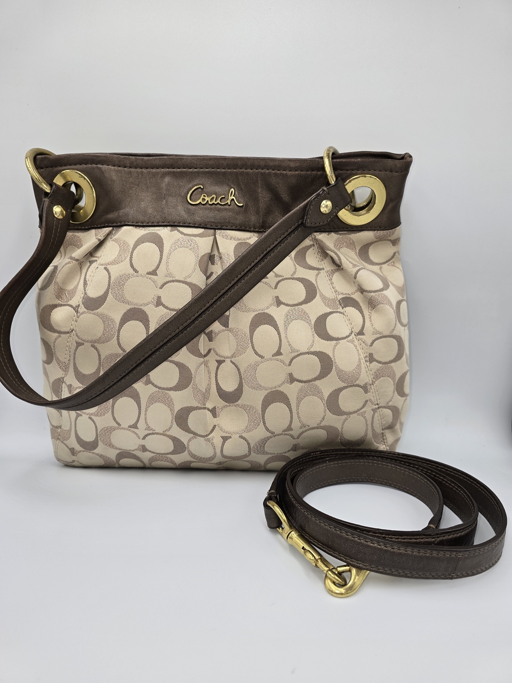 COACH F20265 Ashley Signature Lurex Canvas Shoulder Bag Brown Trim Gold Hardware